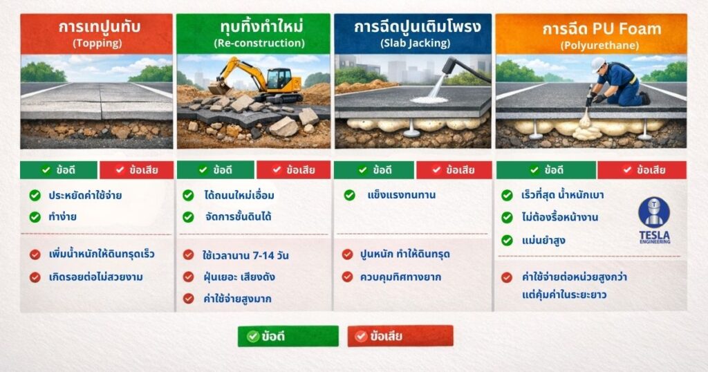 road-subsidence-repair-methods-comparison-infographic เปรียบเทียบวิธีซ่อมถนนทรุดแบบต่างๆ