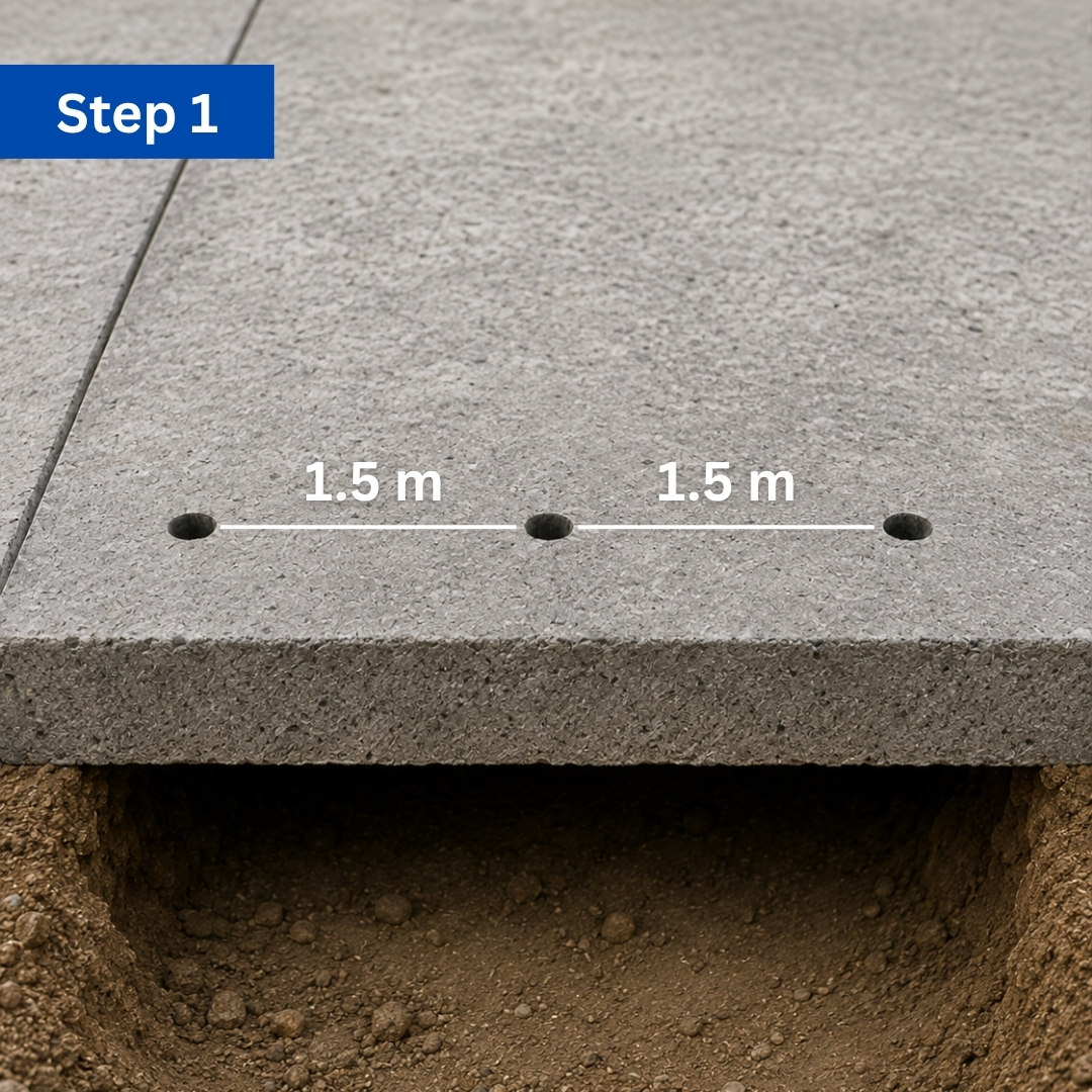 tesla-engineering-ซ่อมพื้นทรุด-ด้วยโฟม-pu1 ขั้นตอนที่ 1 การวัดระยะก่อนทำการฉีด PUFoam