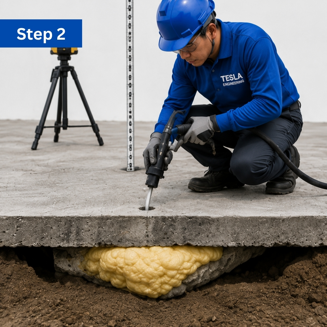 tesla-engineering-ซ่อมพื้นทรุด-ด้วยโฟม-pu2 ขั้นตอนที่ 2 ฉีดPUFoam เข้าไปเติมเต็มโพรงใต้คอนกรีต